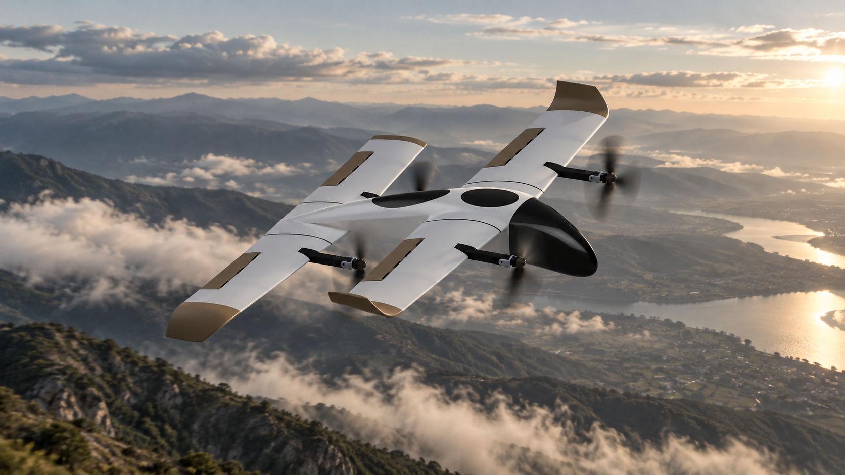 Dolphin VTOL aircraft flying over misty mountains and a lake at sunset