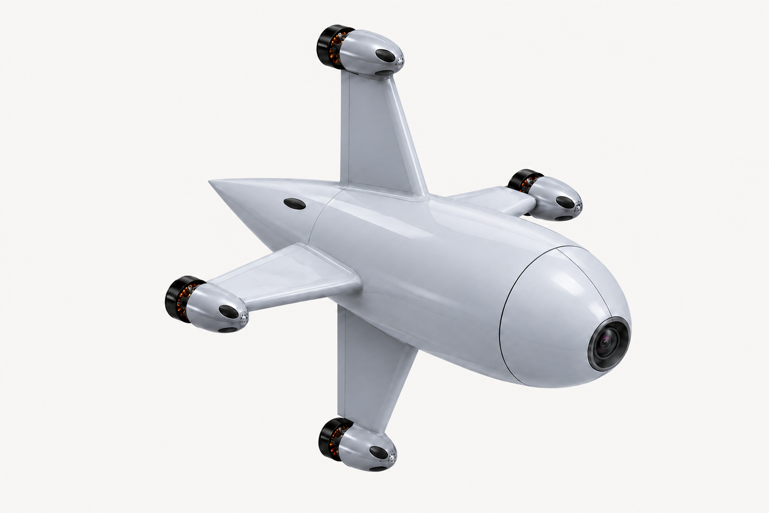 White Interceptor aircraft with four ducted propulsion units and a forward camera