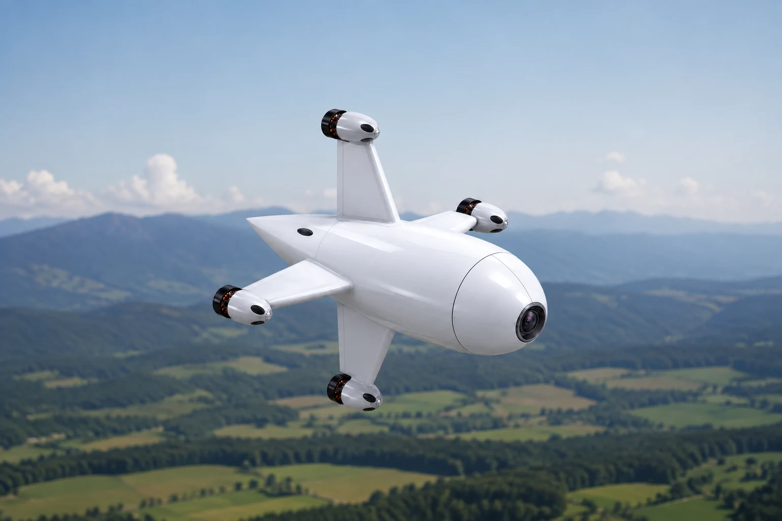 Concept visualization of the white Interceptor aircraft flying above the countryside