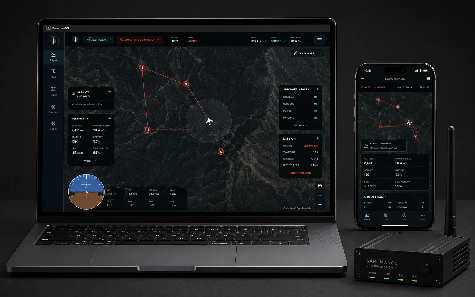 SarumanOS autonomous mission map on a laptop and iPhone beside a compact ground-station unit